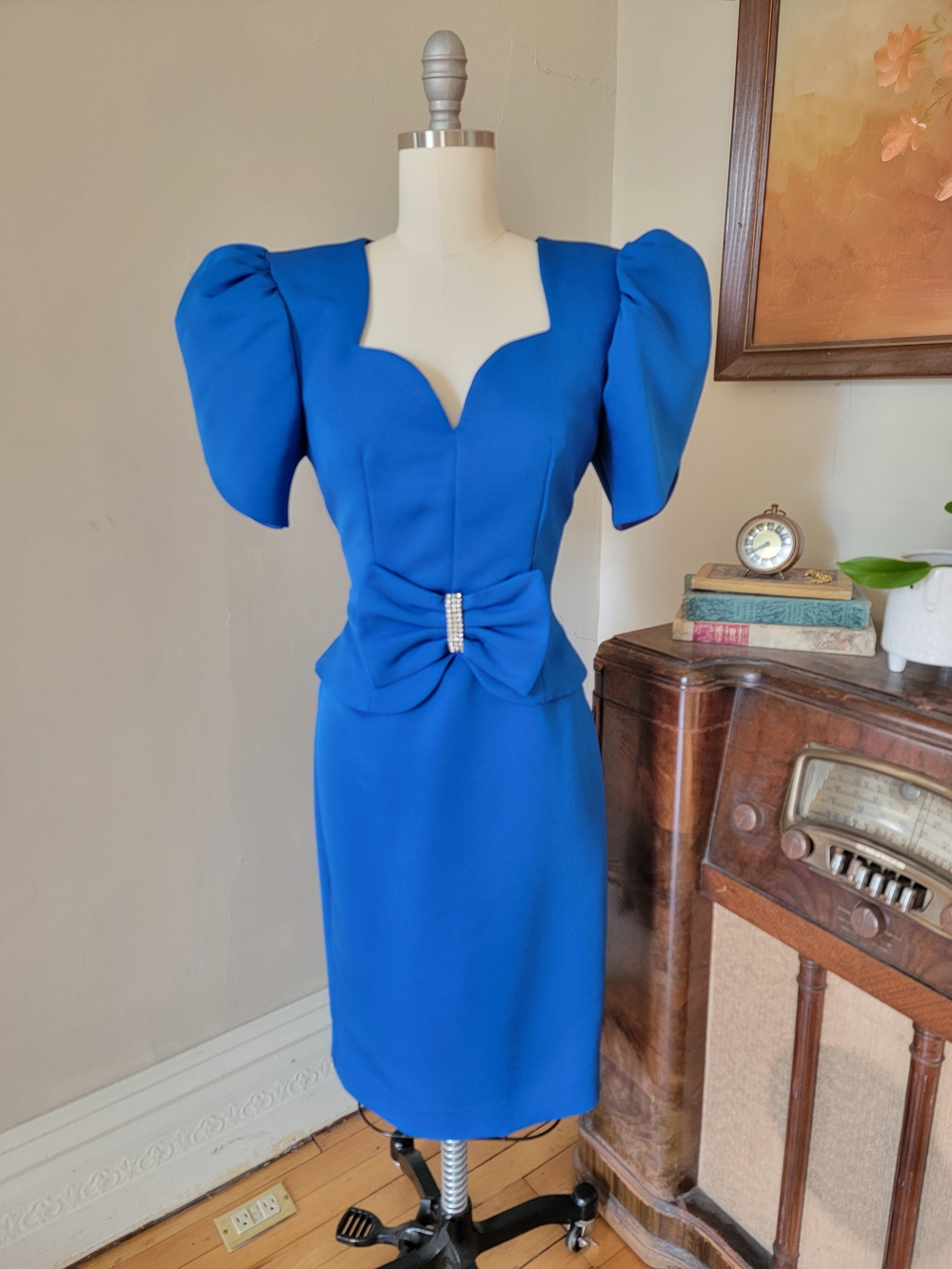 Vintage Royal Blue Puff-Sleeve Party Prom Dress Bow Medium